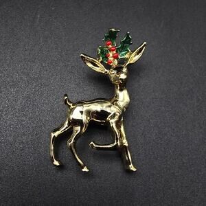 Gerry's Gold Tone Reindeer Brooch Vintage Christmas Jewelry